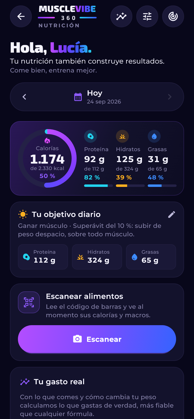 Diario de nutrición con el anillo de calorías y los macros del día